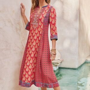 Soft Surroundings Size XL Phoenix Dress Red Printed Midi Dress with Blue Trim